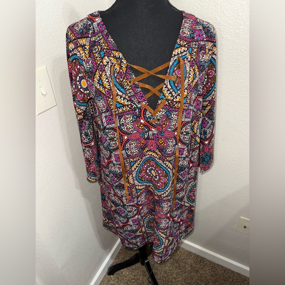NWT Uncle Frank Bohemian Geometric Lace Front Midi Dress- Size Small